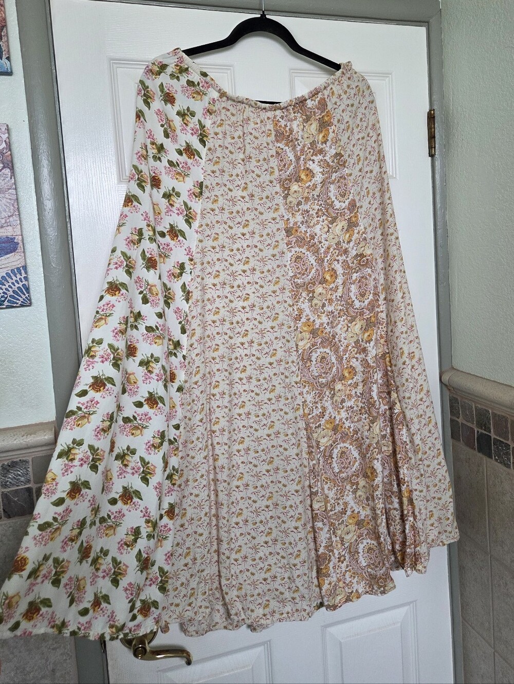 April Cornell Cream Pink Green Floral Patchwork Maxi Skirt Cottage Prairie Large